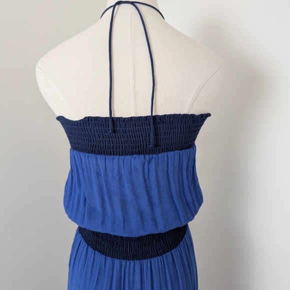 T-Bags Los Angeles Navy Maxi Dress Strapless Halter Long Floor Length Tiered - Picture 9 of 12
